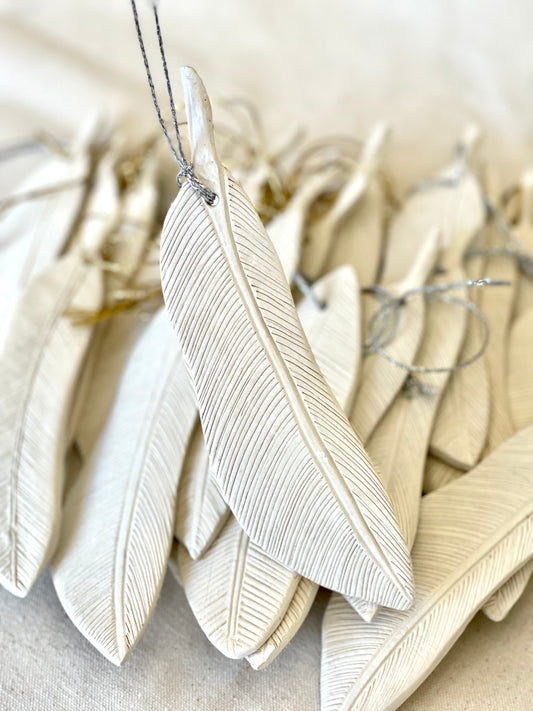 Handcarved Paperclay Feather Ornament | Style 1
